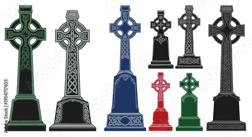 Collection of Celtic Crosses and Gravestones - Irish Heritage and Memorial Design Elements