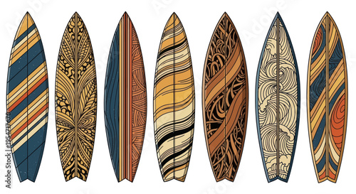 Collection of Vintage Surfboards with Retro Patterns and Designs