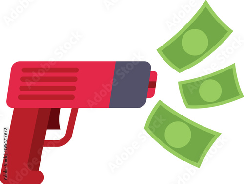 Money gun releasing green bills, symbolizing spending power and financial success