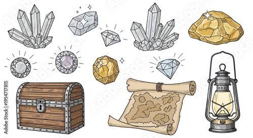 Treasure Chest, Map, Gems, Crystals, Lantern, Gold Nugget Icons Set