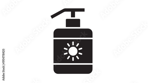 Bottle dispenser with sun icon, symbol for sunscreen or lotion, representing sun protection and skincare product.