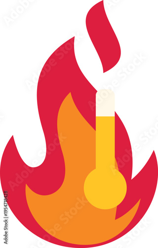 Flame icon with a rising thermometer illustrating heat and global warming