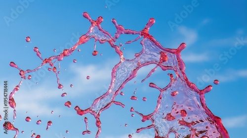 Pink Fruit Juice Splash Against Bright Blue Sky Background