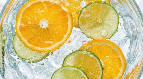 Refreshing Orange and Lime Slices in Sparkling Water with Ice Cubes