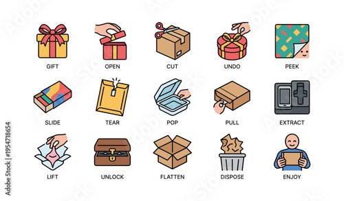 Various hands interacting with gift and package icons