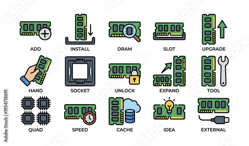 Computer ram installation and upgrade icons with tools and concepts