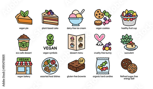 Assorted vegan desserts and snacks collection with symbols and food icons