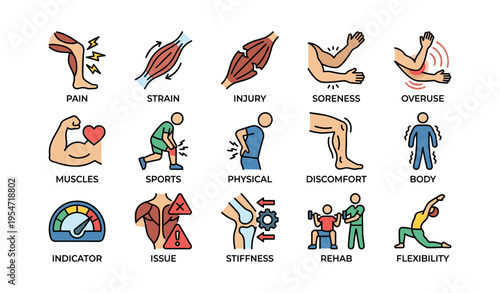 Icons depicting injury, strain, and rehab in sports and physical activities