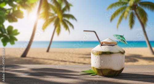 Tropical Coconut Drink on Wooden Table with Beach Background