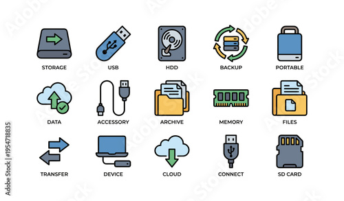 Digital storage icons: usb, hdd, cloud, backup, sd card, portable devices