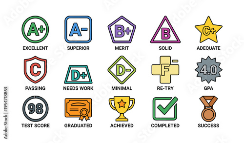 Colorful academic performance icons and symbols set with grades