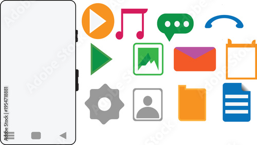 Flat vector illustration of a mobile phone with a colorful music notes set and business web icons for a social media interface design