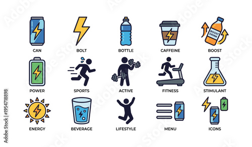 Energy icons collection: fitness, sports, beverage, bolt, caffeine symbols