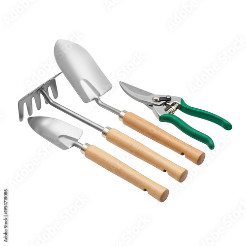 A set of gardening tools on transparent background