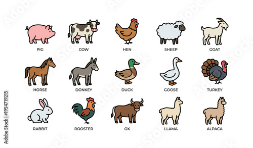 Collection of farm animals: pig, cow, hen, sheep, goat, and more