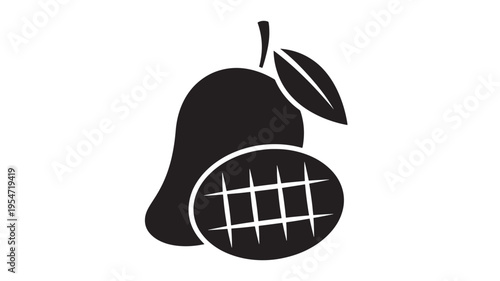 Mango icon with leaves and a cross-section slice, showcasing its vibrant tropical fruit essence for design elements.