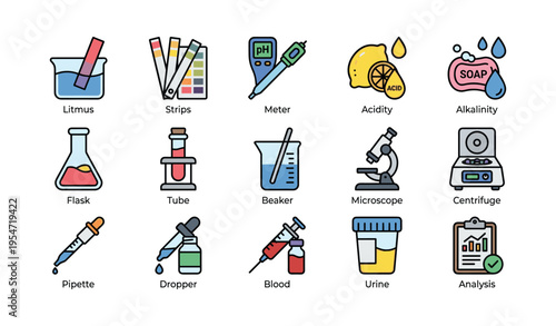 Colorful science icons of lab equipment and tests for chemistry analysis