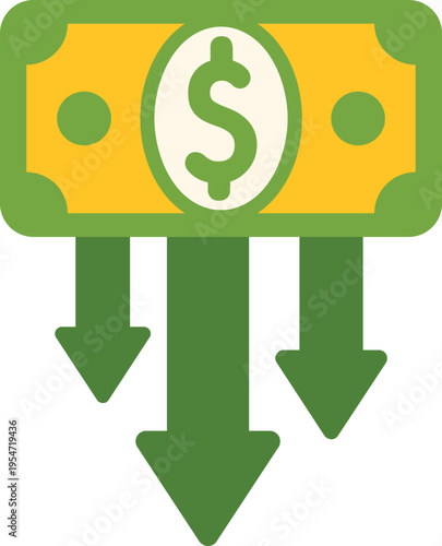 Dollar bill and downward arrows representing economic decline and inflation