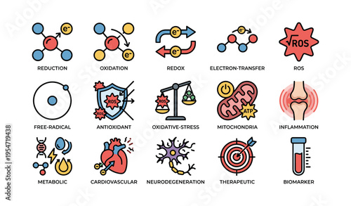Colorful illustrations of biochemical processes and health concepts