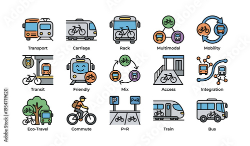 Transport modes and cycling integration icons for multimodal commuting