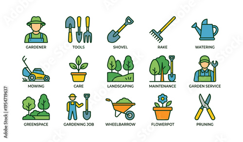 Gardening icons: tools shovel rake watering mowing care maintenance