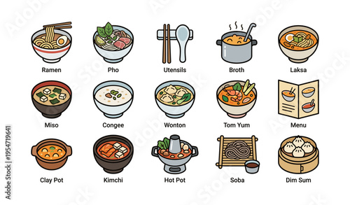 Illustration of diverse asian dishes with utensils and menu including ramen and dim sum