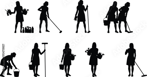Professional cleaning service women silhouettes bundle featuring female cleaners with mop bucket spray bottles and supplies for domestic housekeeping janitorial work and commercial maintenance.