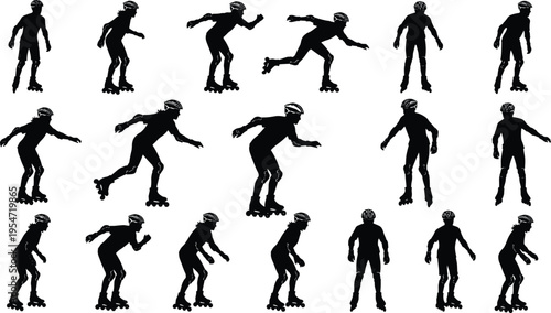 Professional Inline Skating Silhouette Set featuring Skater Athletes in Action Poses, Rollerblading Silhouette Collection for Outdoor Sports Design, Active Lifestyle Vector Illustration isolated 