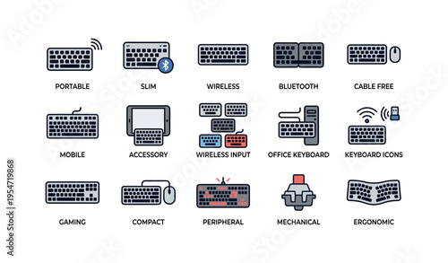 Collection of computer keyboard icons: wireless, mechanical, ergonomic, gaming