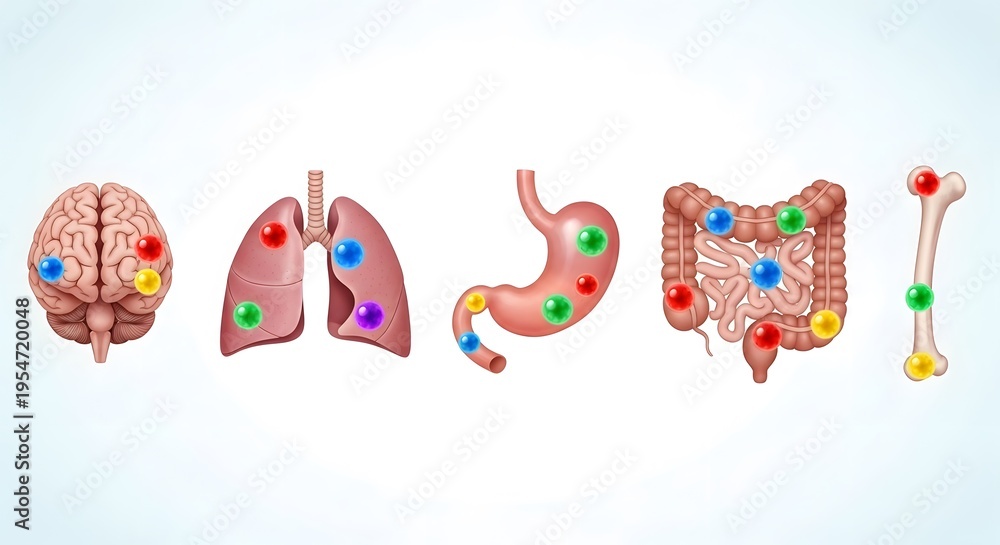 Obraz premium Medical infographic showing human organs with colorful virus or cancer cells. Concept of metastasis, infection spread, or multi-organ healthcare and diagnostics