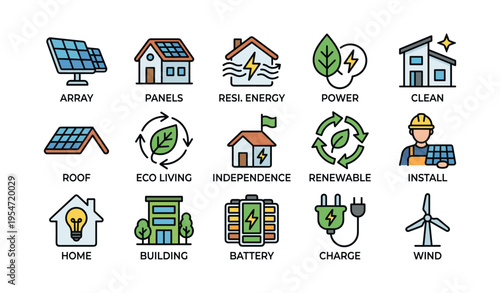 Sustainable energy icons: solar, renewable, eco living, wind power, home efficiency