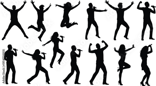 Set of professional male and female singer silhouettes performing on stage, jumping with joy, holding microphones, and dancing in energetic poses for concert and music event posters.