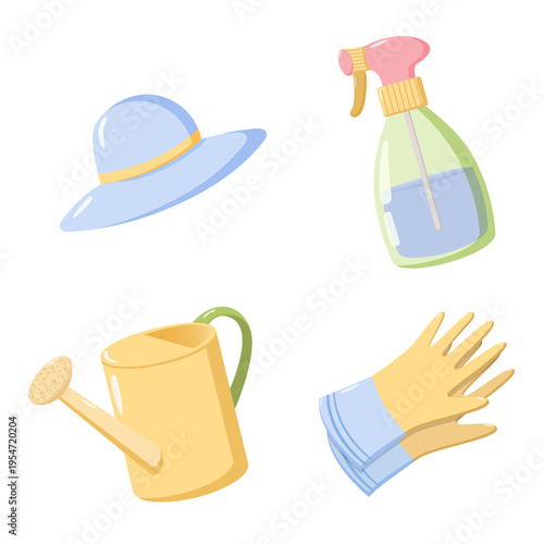 Cartoon-style illustration of gardening tools and accessories including blue sunhat, spray bottle, yellow watering can, and yellow gloves with blue cuffs, cheerful design for educational and decorativ