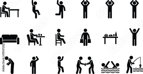 Vector Set of Stickman Figures Representing Daily Life Activities Including Sitting Eating Shopping Standing Cheerful Poses Swimming Fishing and Social Handshake Interactions Isolated 