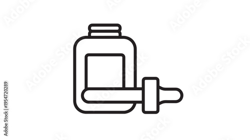 Dropper bottle icon with simple black outline for cosmetic or medicinal liquid dispensing. featuring dispenser, medicine, essence with serum and oil