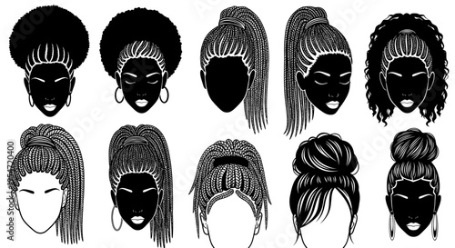 Diverse Black Hairstyles Collection: Afro, Braids, Ponytails, Buns - Vector Art