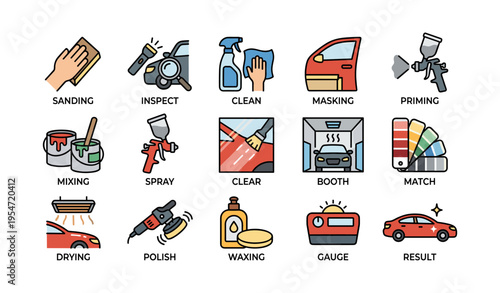 Auto body repair icons: sanding, cleaning, priming, painting, polishing, waxing, masking, inspection