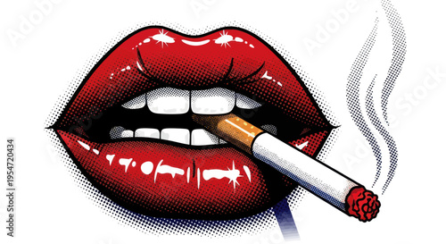 Glamorous Red Lips Smoking Cigarette with Smoke, Bold Vintage Style Illustration