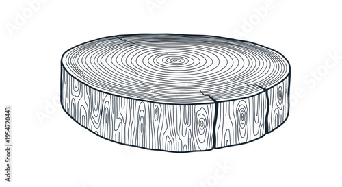 Hand Drawn Wood Slice with Growth Rings and Cracked Texture, Isolated on White