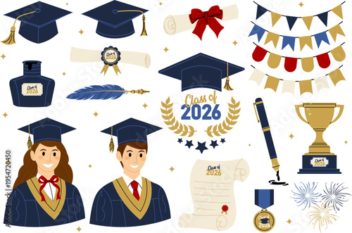Graduation set with students, caps, diploma, decorations and celebration elements. For invitations, party design and school projects.