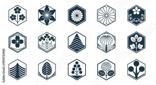 Japanese Traditional Mon Monograms - Hexagonal Crests of Nature and Flowers