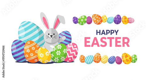 Happy Easter Bunny with Colorful Decorated Eggs - Festive Greeting