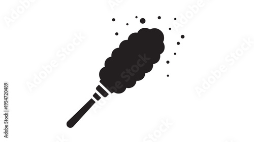 Duster icon with swirling dust particles, a simple black silhouette on a white background representing cleaning tools and household chores.