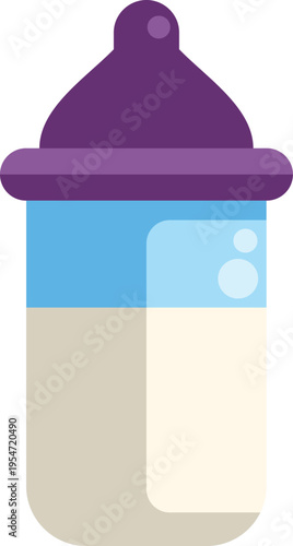 Baby bottle icon with purple nipple, blue top, and milk inside illustrating childcare