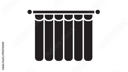 Black cafe curtains with a decorative scalloped top edge on a rod. featuring window treatment, interior design, home decor with fabric and textile