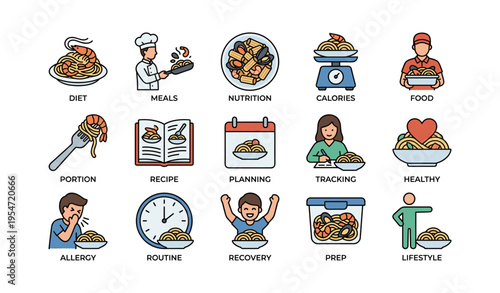 Diverse collection of nutrition and meal planning icons illustrating diet, tracking, and lifestyle