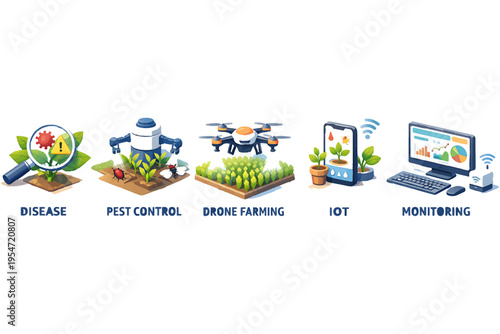 Agritech Web Illustration with Disease Detection and Pest Control Icons
