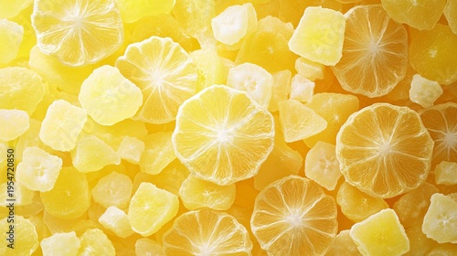 Delicious Crystallized and Candied Lemon Drops with Vibrant Colors and Lively Lemon Slices Displayed