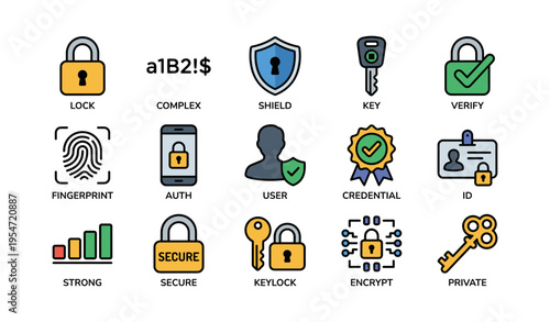Cybersecurity icons: lock, shield, key, fingerprint, encryption for secure authentication