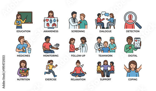 Diverse healthcare icons highlighting screening and wellness activities